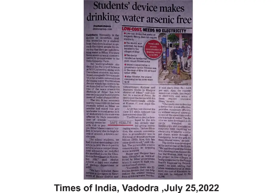 Students’ device makes drinking water arsenic free